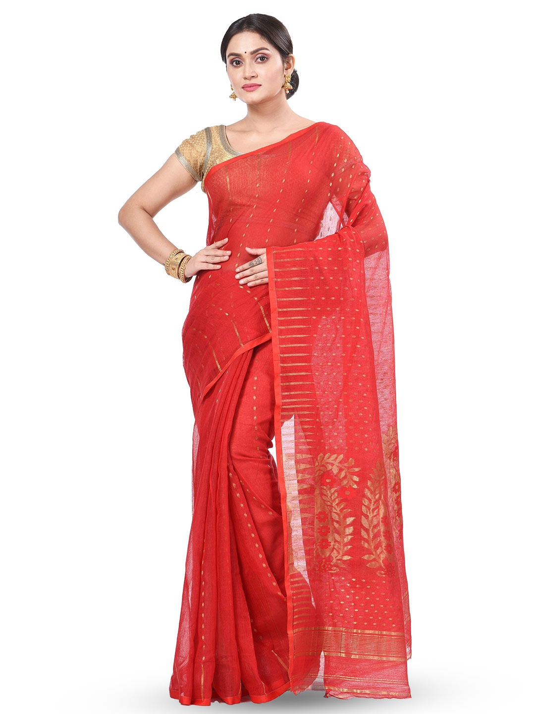 

PuJoy Ethnic Motifs Woven Design Zari Jamdani Saree, Red