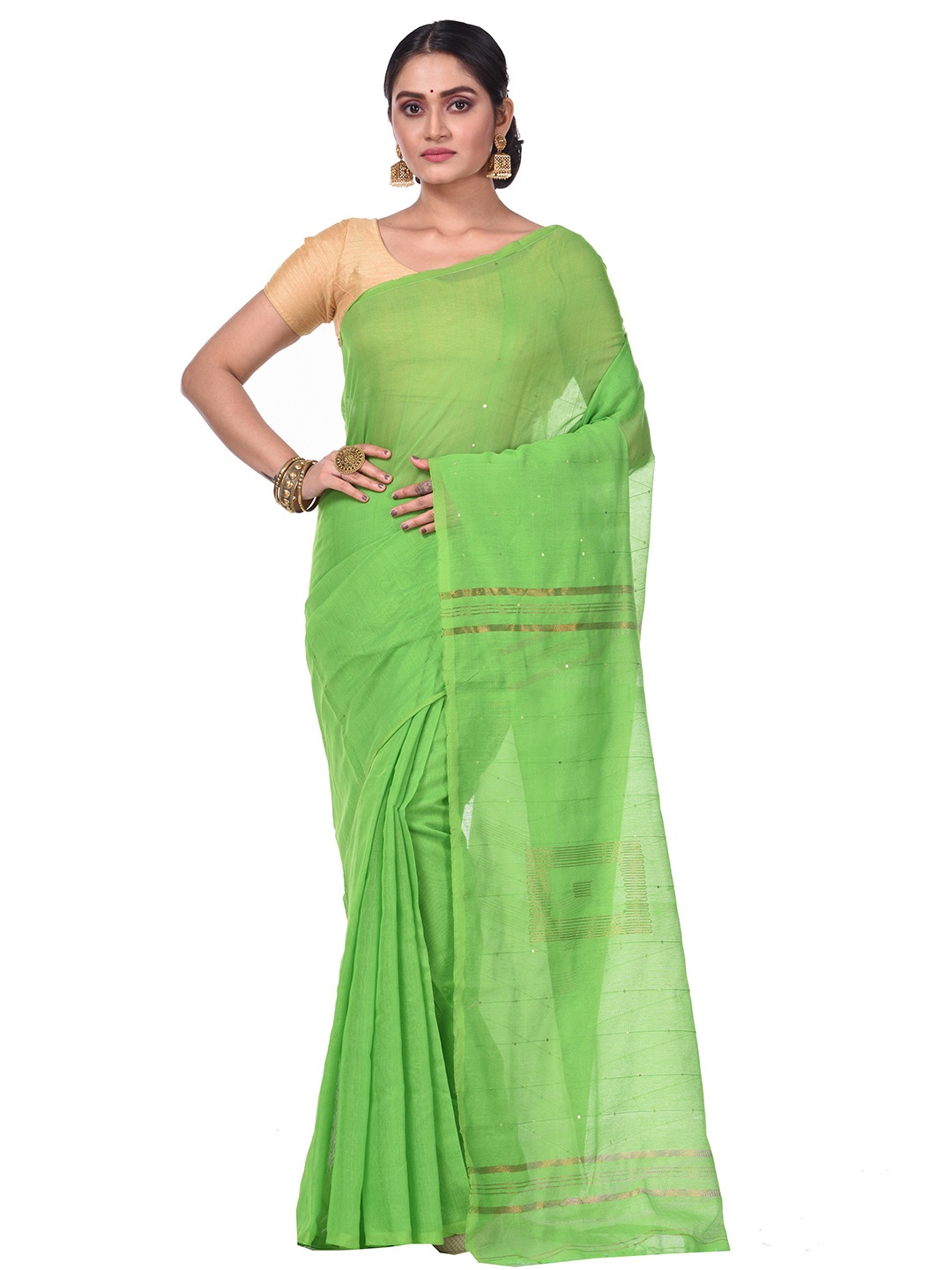 

PuJoy Striped Woven Design Zari Taant Saree, Green