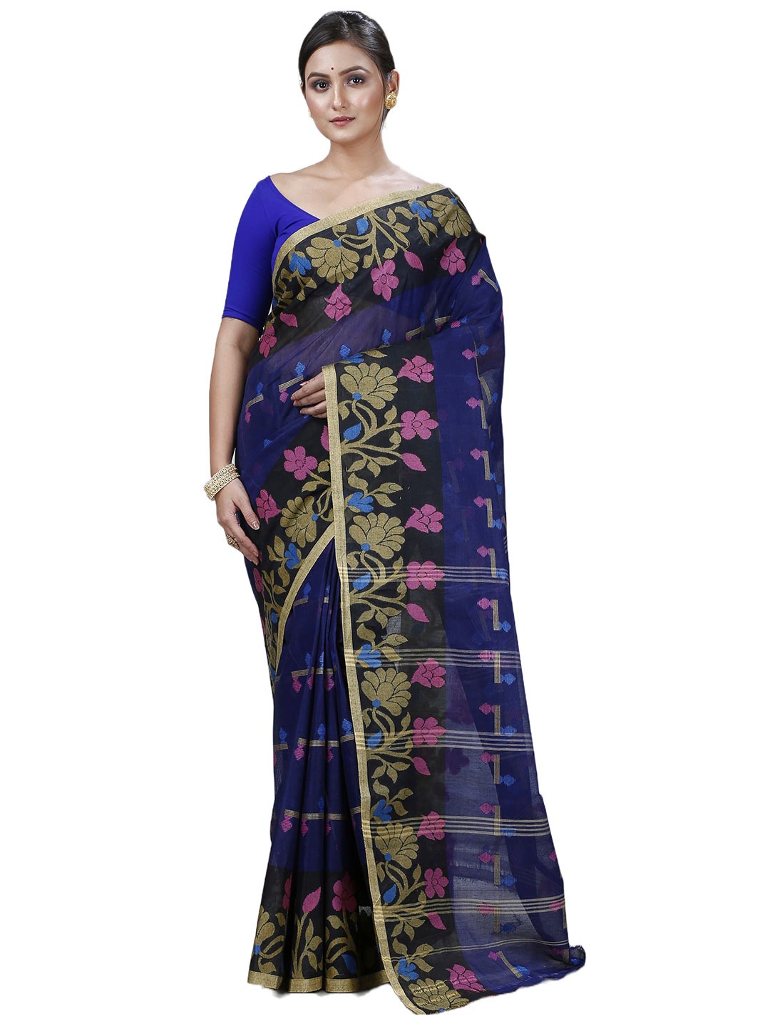 

PuJoy Floral Woven Design Zari Pure Cotton Taant Saree, Blue