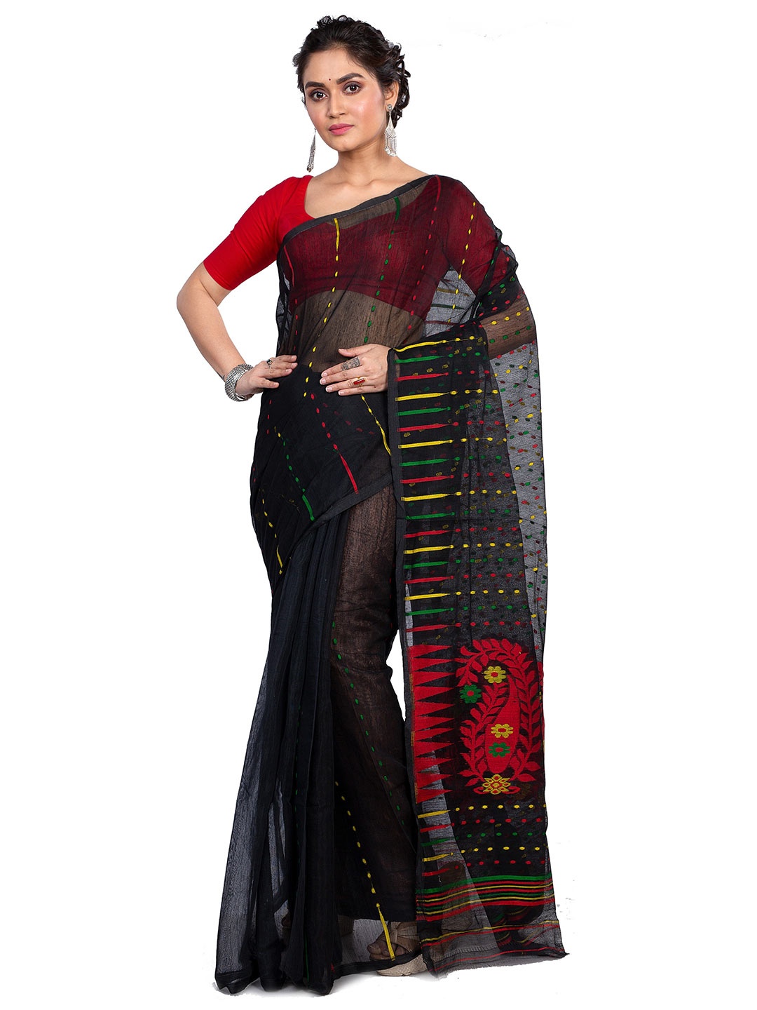 

PuJoy Woven Design Zari Jamdani Saree, Black