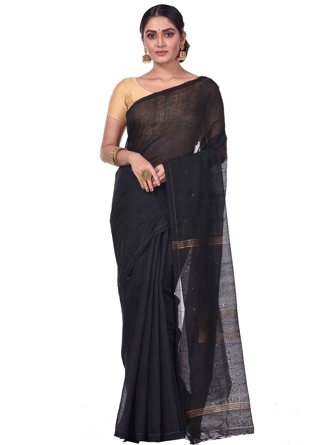 

PuJoy Embellished Taant Saree, Black