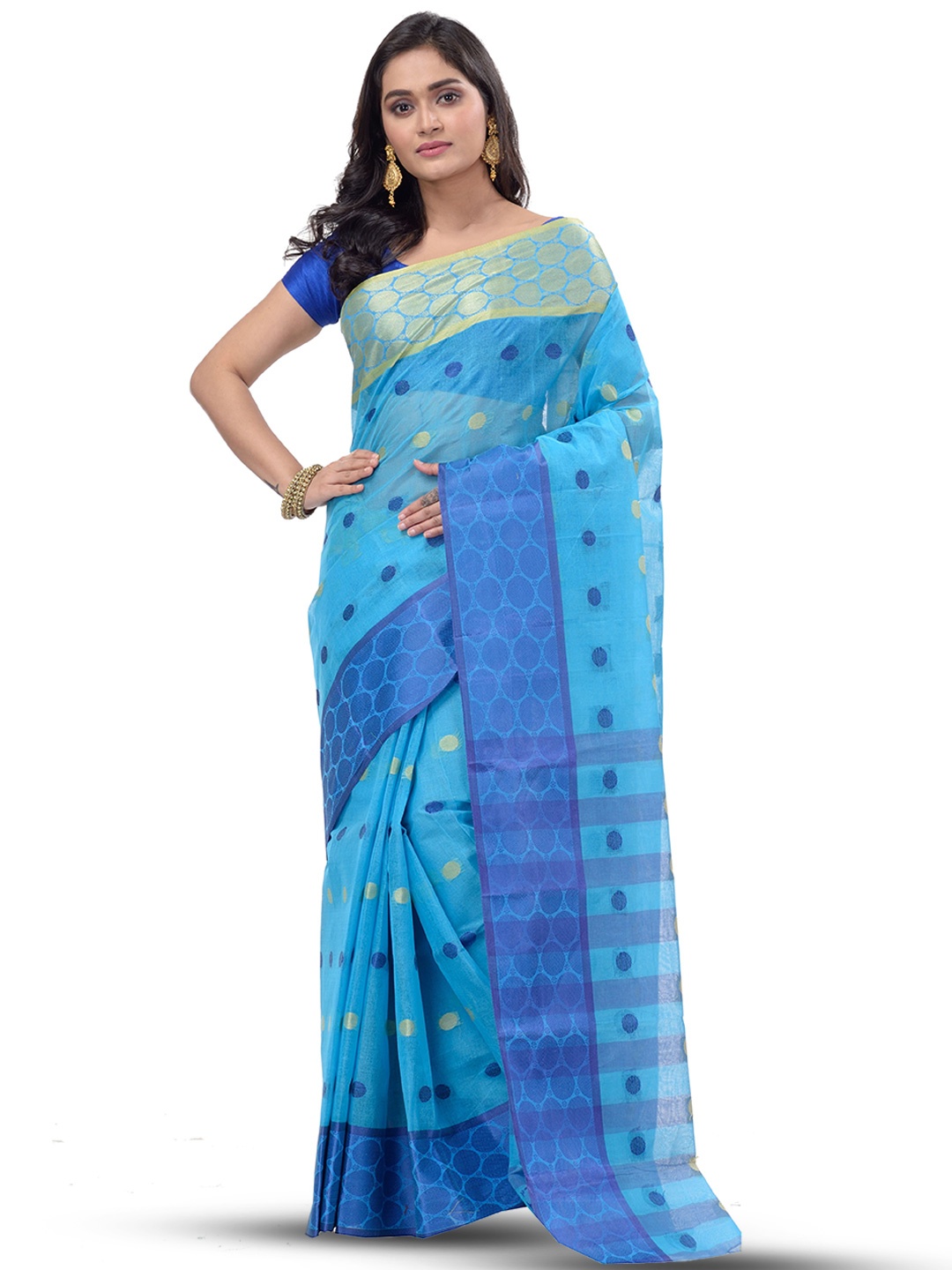 

PuJoy Ethnic Motifs Woven Design Zari Pure Cotton Taant Saree, Blue