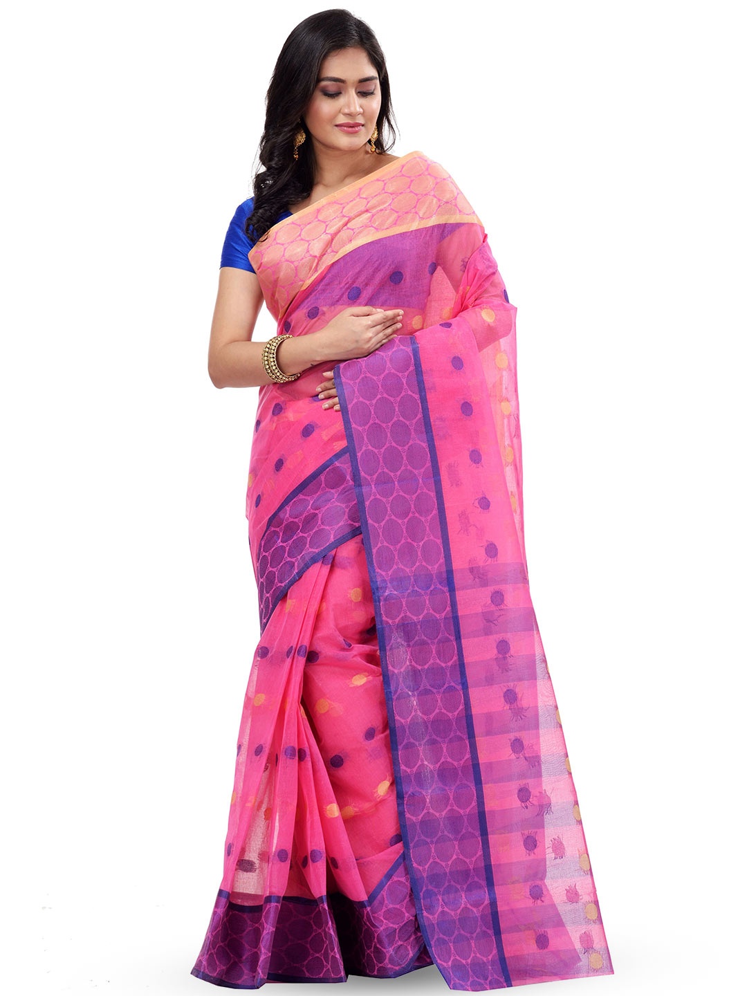 

PuJoy Ethnic Motifs Woven Design Pure Cotton Taant Saree, Pink