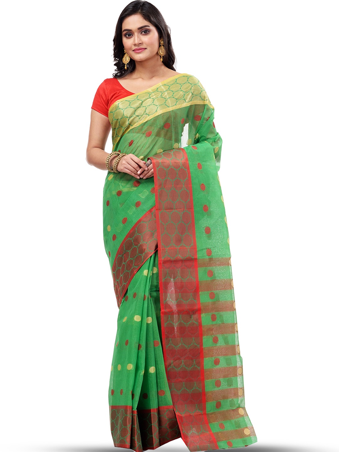 

PuJoy Polka Dot Woven Design Zari Pure Cotton Taant Saree, Green