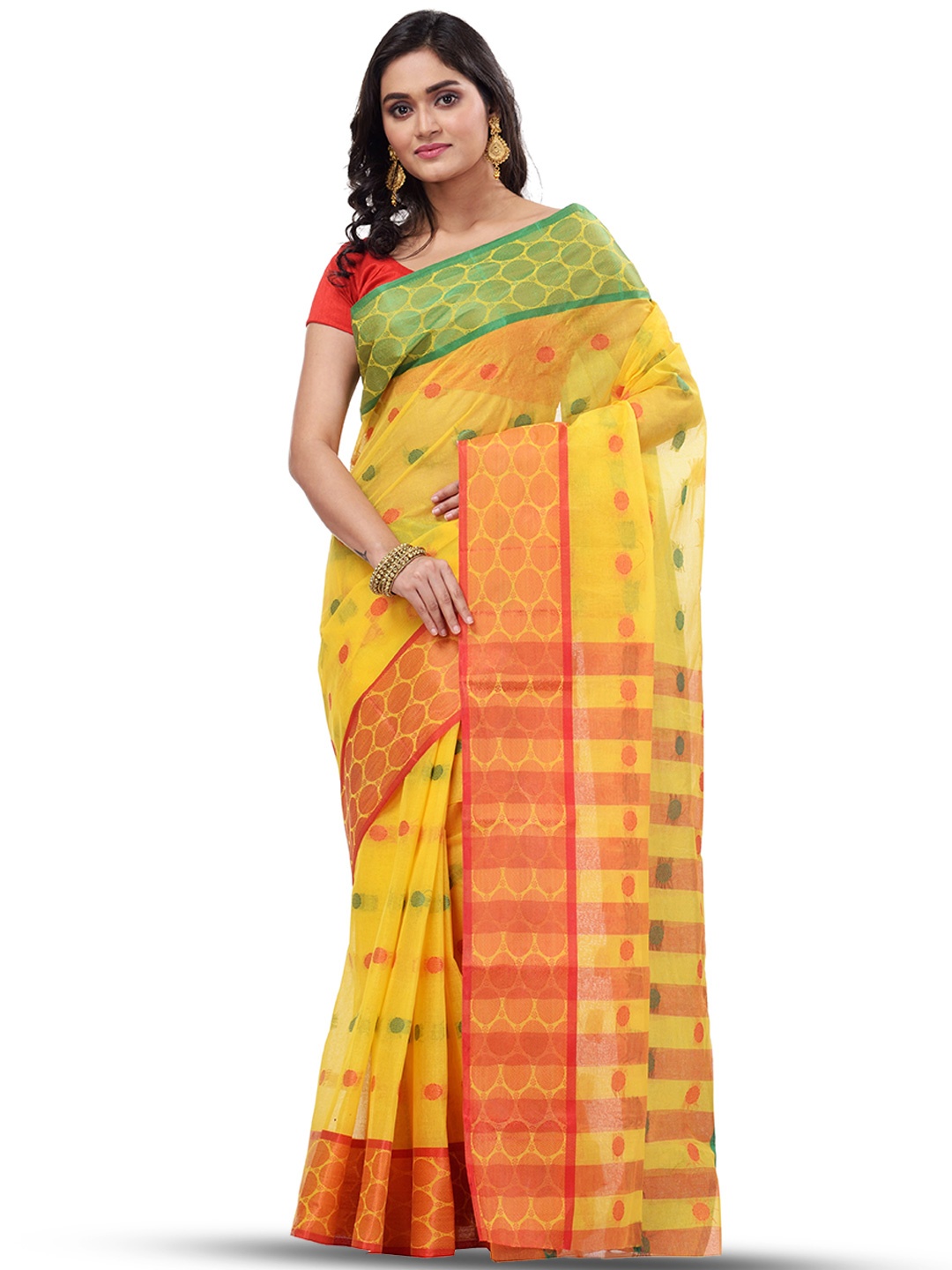 

PuJoy Ethnic Motifs Woven Design Pure Cotton Taant Saree, Yellow