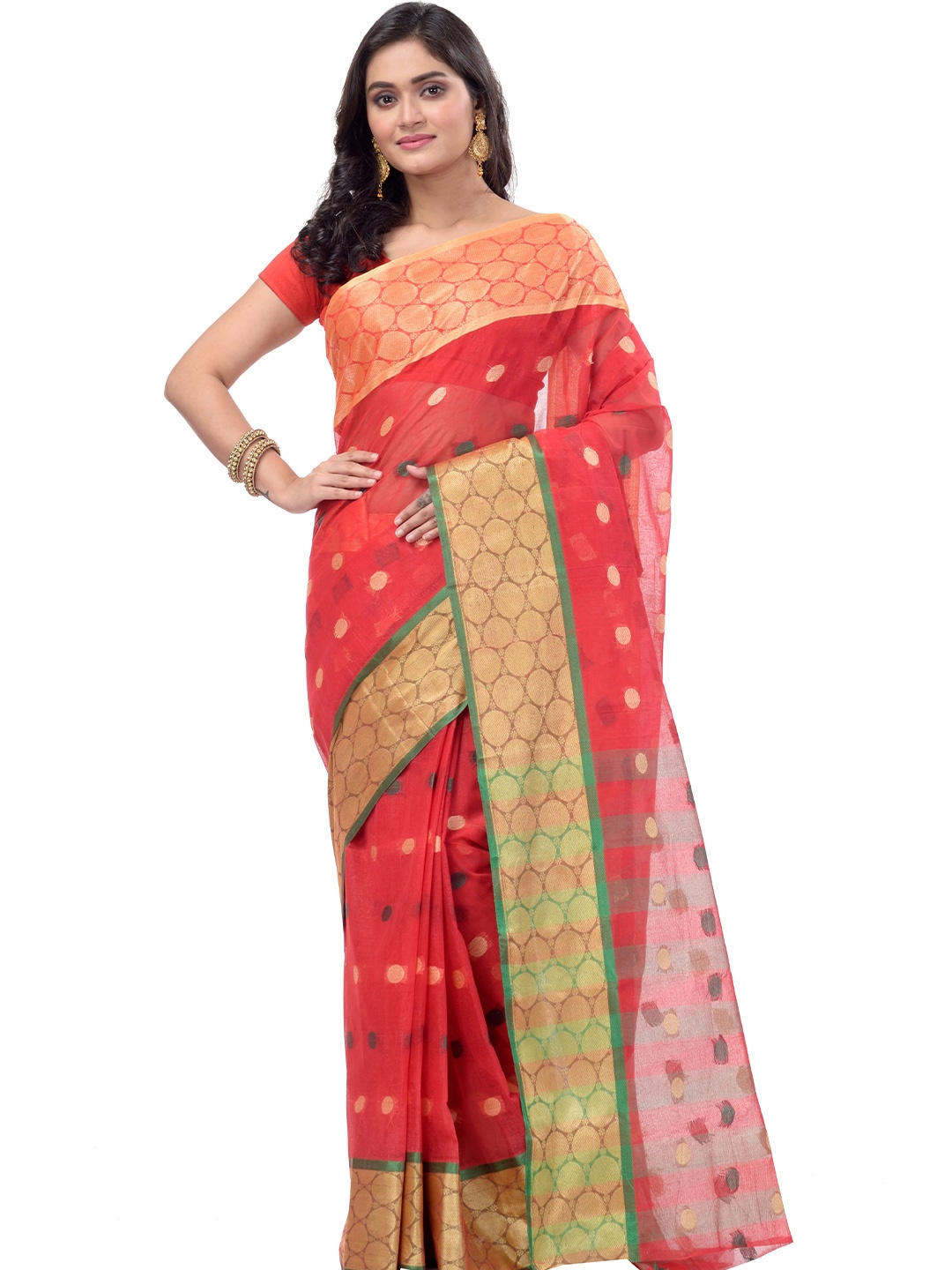 

PuJoy Ethnic Motifs Woven Design Zari Pure Cotton Taant Saree, Red