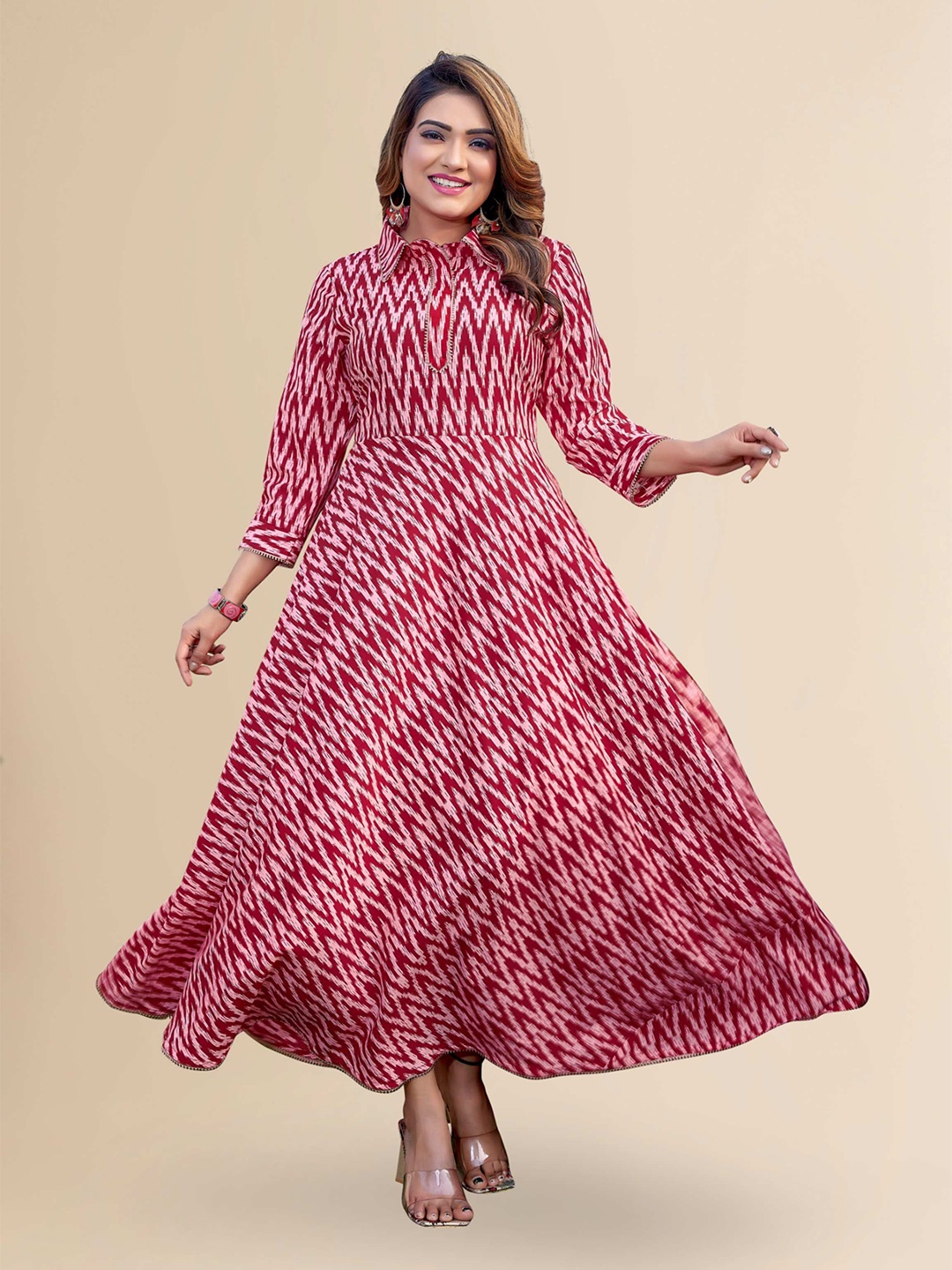 

TITANIUM SILK INDUSTRIES PVT. LTD. Chevron Printed Shirt Collar Gown Dress, Maroon