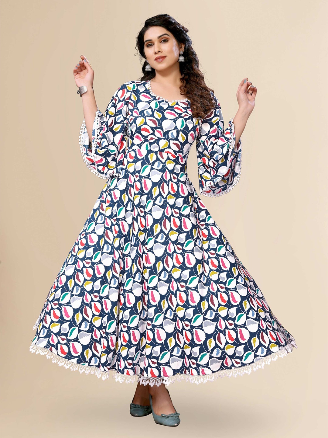 

TITANIUM SILK INDUSTRIES PVT. LTD. Floral Printed Fit & Flare Gown Dress, White