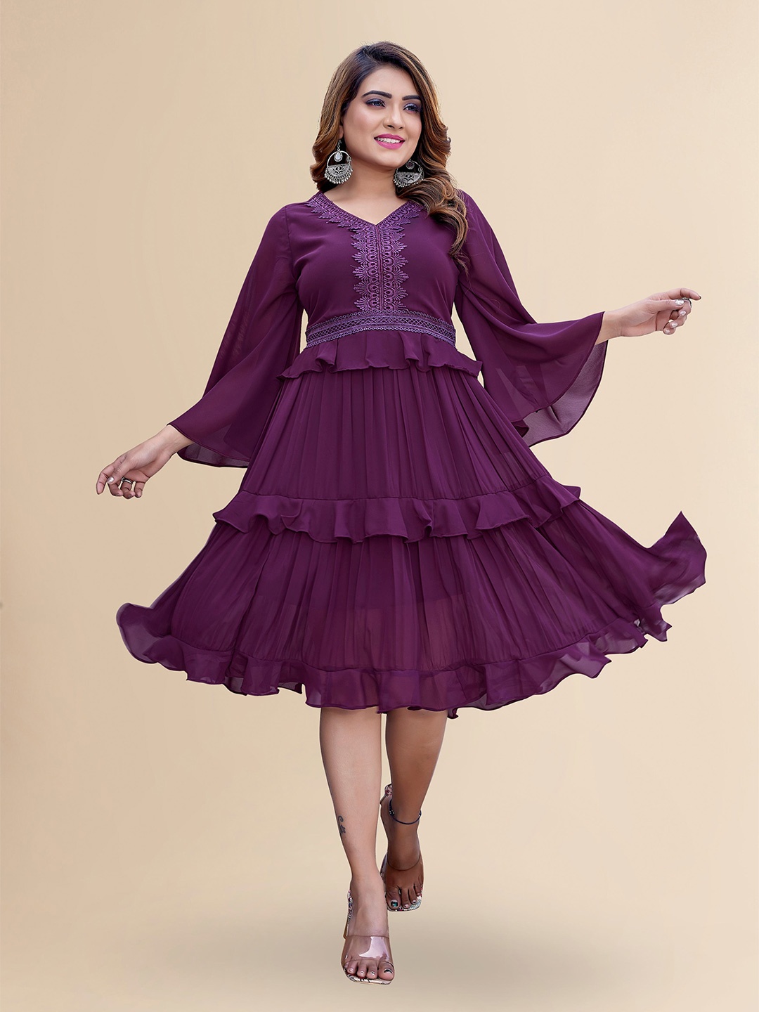 

TITANIUM SILK INDUSTRIES PVT. LTD. Bell Sleeves Ruffled V-Neck Fit & Flare Dress, Purple