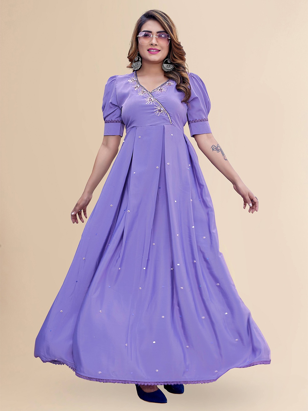 

TITANIUM SILK INDUSTRIES PVT. LTD. Embellished V-Neck Silk Maxi Dress, Purple