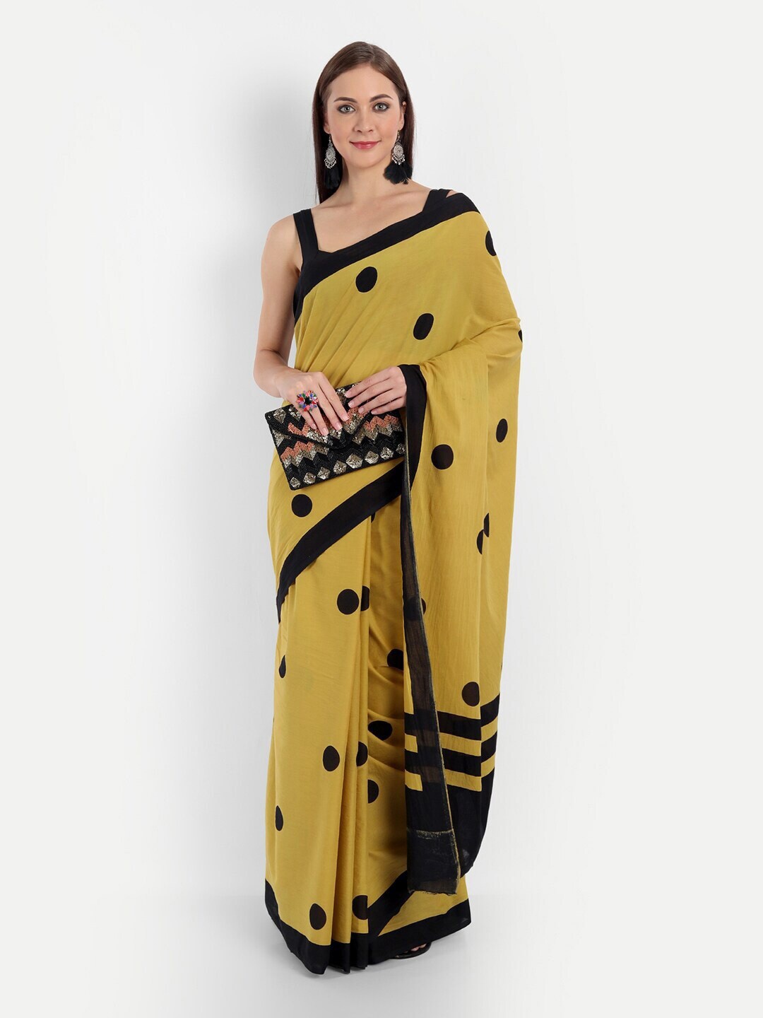 

JAIPURI BLOCK PRINT Polka Dot Printed Pure Cotton Saree, Mustard