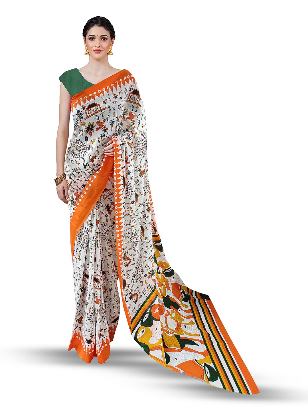 

JAIPURI BLOCK PRINT Warli Printed Pure Cotton Block Print Saree, Orange