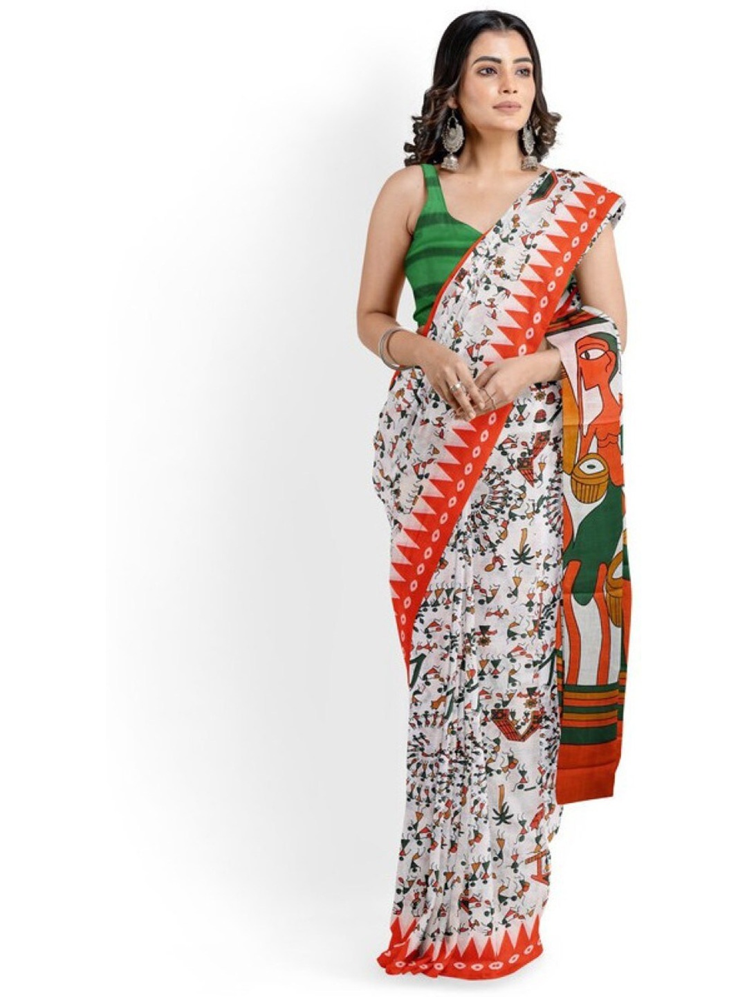 

JAIPURI BLOCK PRINT Warli Printed Pure Cotton Block Print Saree, Orange