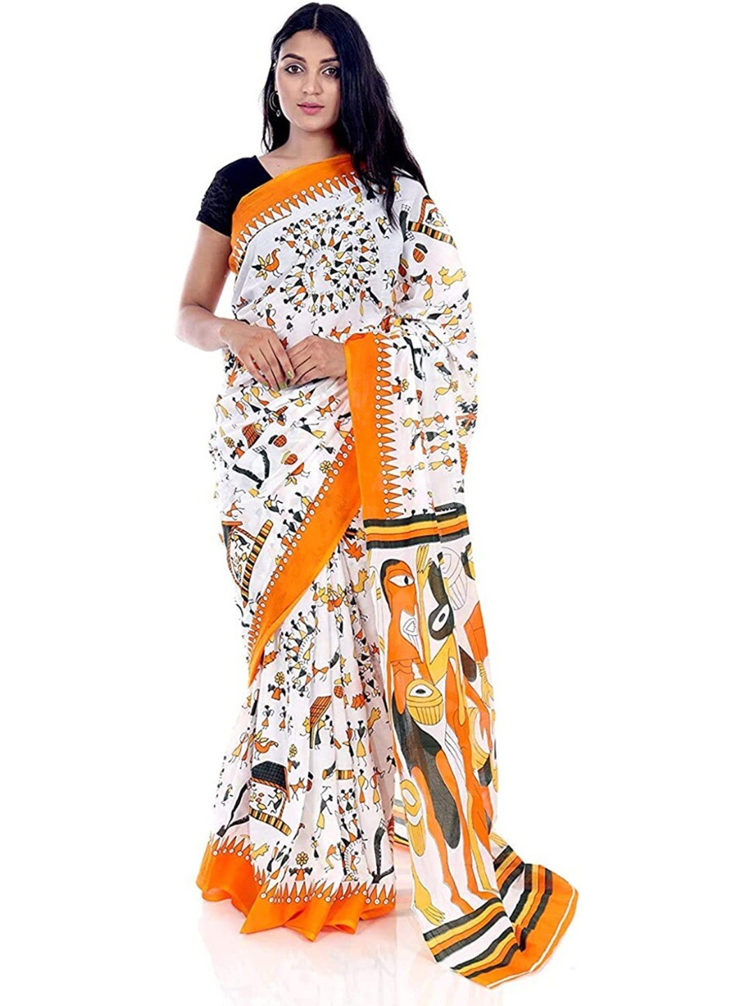 

JAIPURI BLOCK PRINT Warli Printed Pure Cotton Block Print Saree, Orange