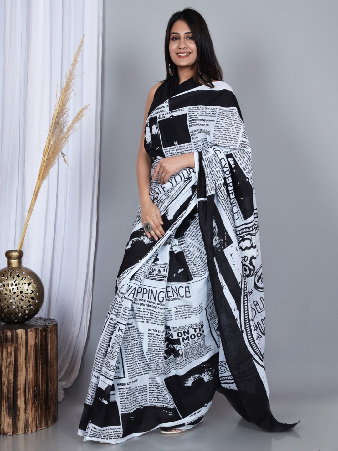 

JAIPURI BLOCK PRINT Abstract Printed Pure Cotton Saree, Black
