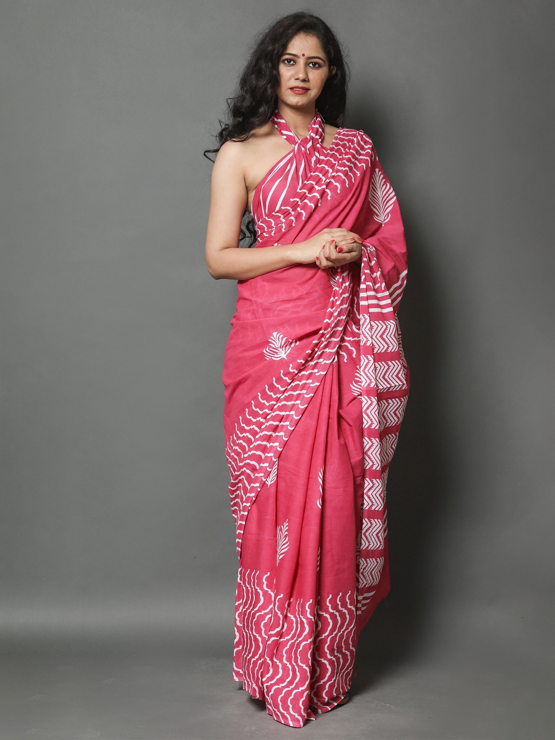 

JAIPURI BLOCK PRINT Floral Printed Pure Cotton Saree, Pink