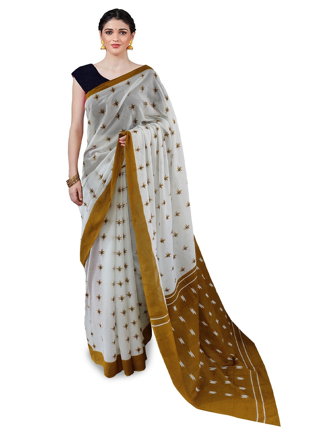 

JAIPURI BLOCK PRINT Ethnic Motifs Printed Pure Cotton Saree, White