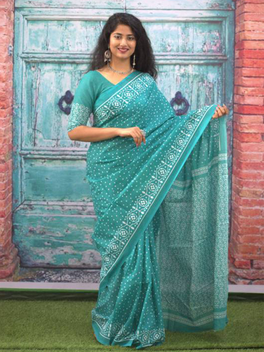 

JAIPURI BLOCK PRINT Polka Dot Pure Cotton Bagru Saree, Turquoise blue