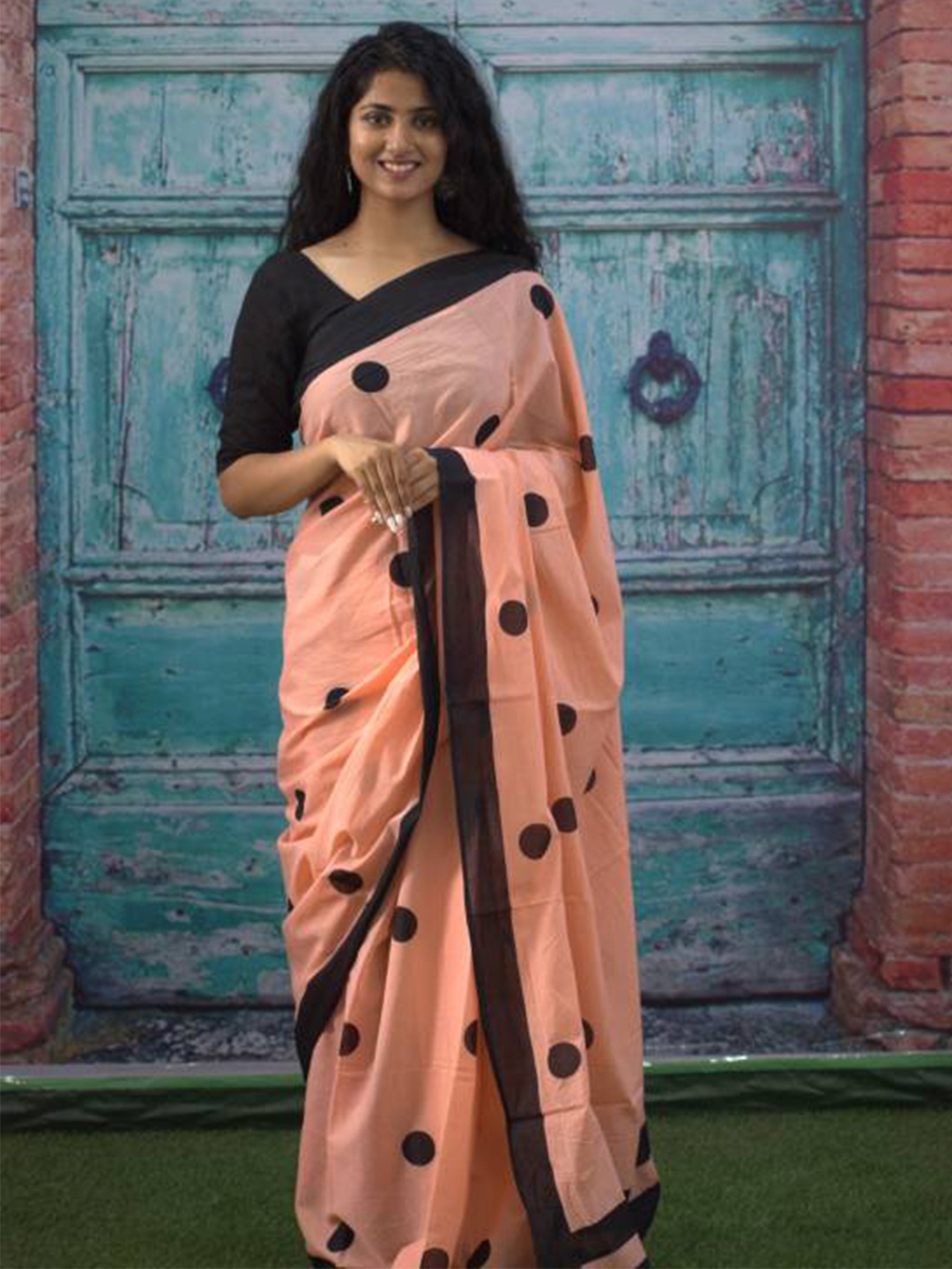 

JAIPURI BLOCK PRINT Polka Dot Pure Cotton Bagru Saree, Peach