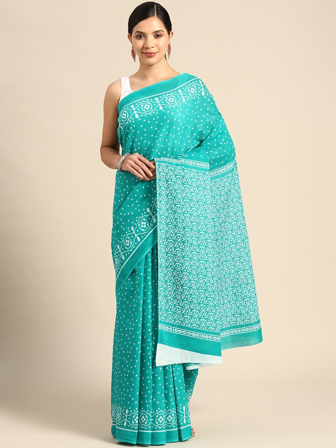 

JAIPURI BLOCK PRINT Ethnic Motifs Pure Cotton Block Print Saree, Sea green