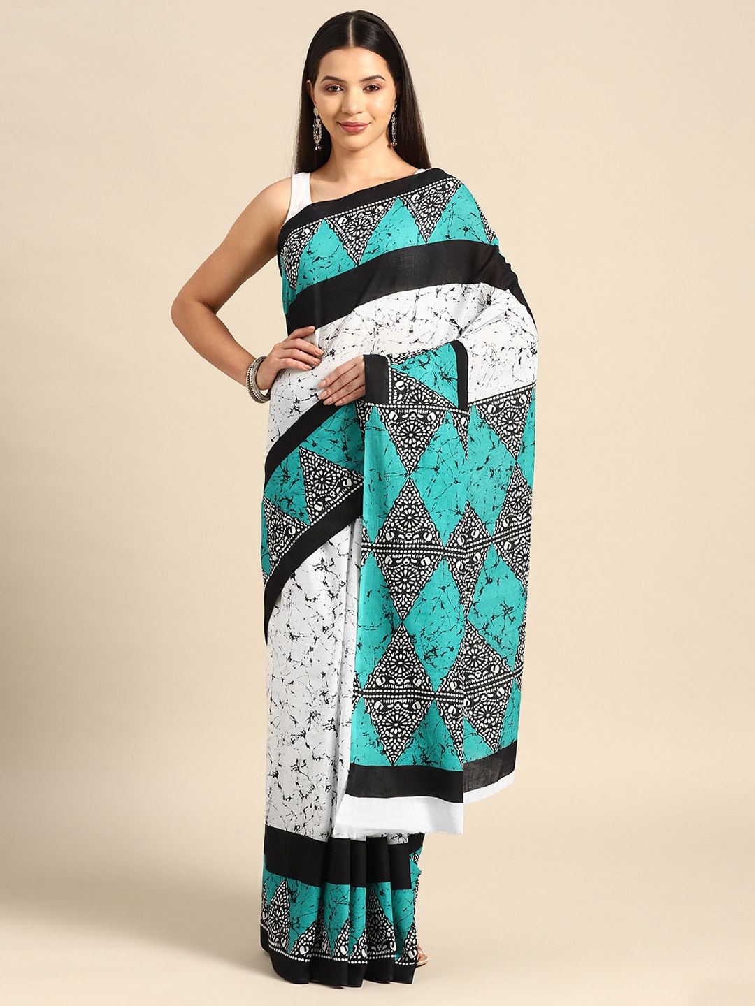 

JAIPURI BLOCK PRINT Batik Pure Cotton Block Print Saree, Sea green