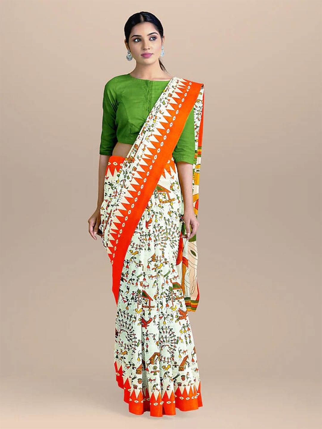 

JAIPURI BLOCK PRINT Warli Pure Cotton Block Print Saree, Orange