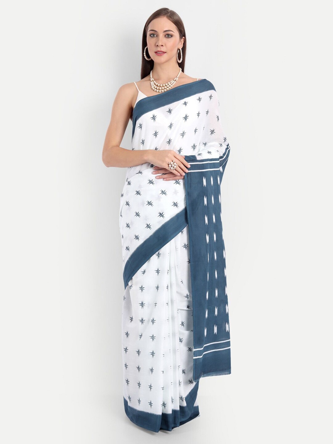 

JAIPURI BLOCK PRINT Geometric Printed Mulmul Cotton Saree, White