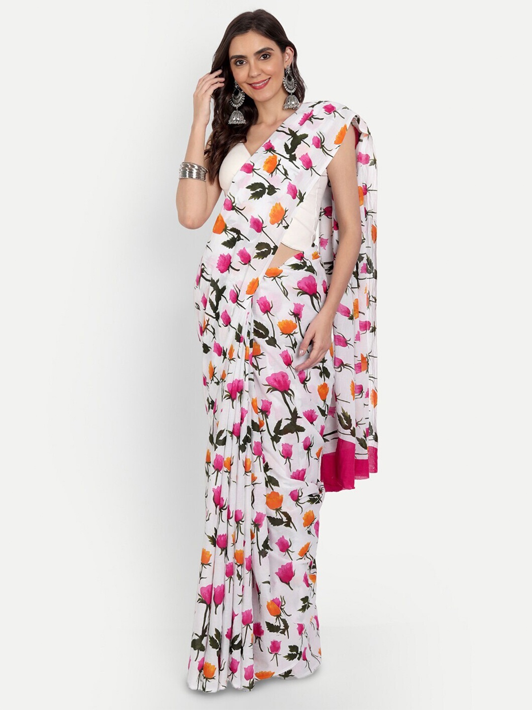 

JAIPURI BLOCK PRINT Floral Printed Pure Cotton Block Print Saree, Pink