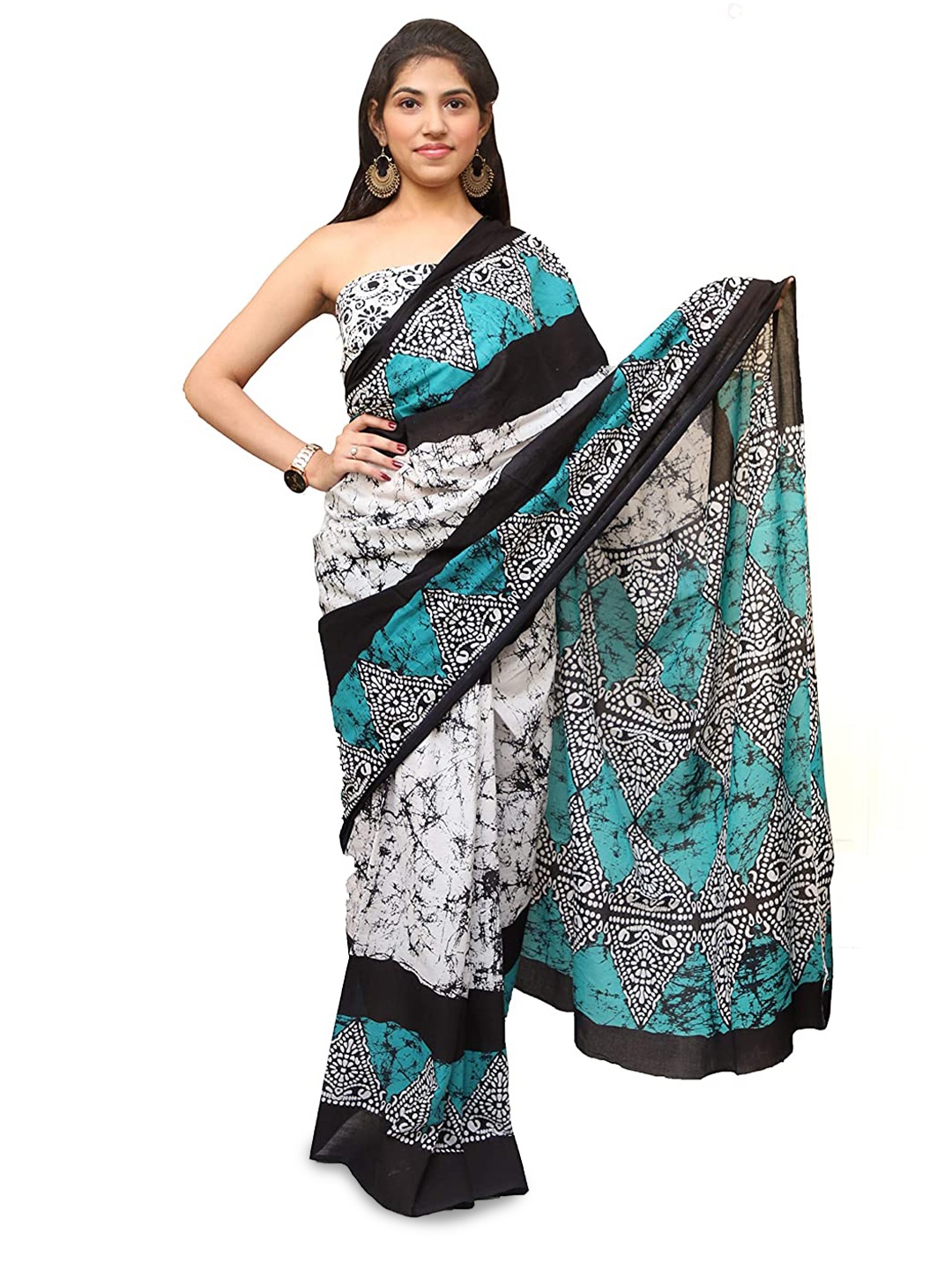 

JAIPURI BLOCK PRINT Batik Pure Cotton Saree, Sea green