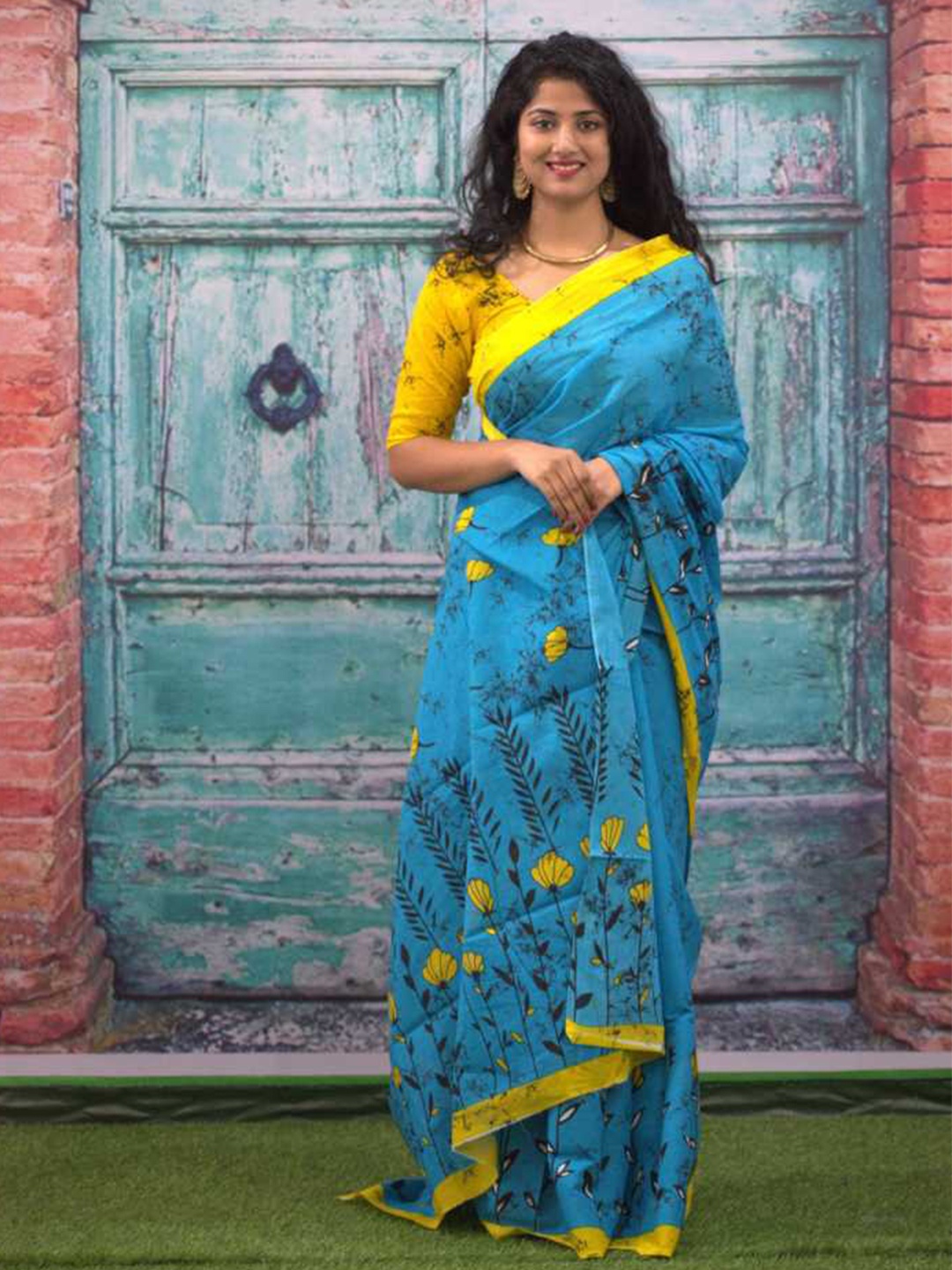 

JAIPURI BLOCK PRINT Batik Pure Cotton Block Print Saree, Blue