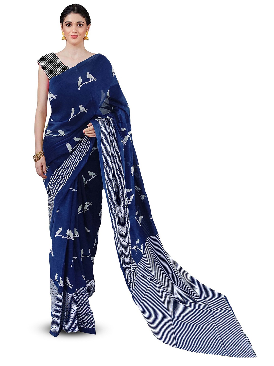 

JAIPURI BLOCK PRINT Kalamkari Block Printed Saree, Blue