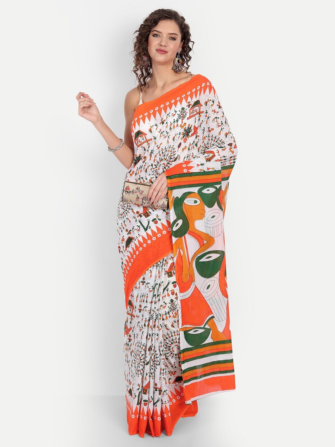 

JAIPURI BLOCK PRINT Warli Block Printed Saree, Orange