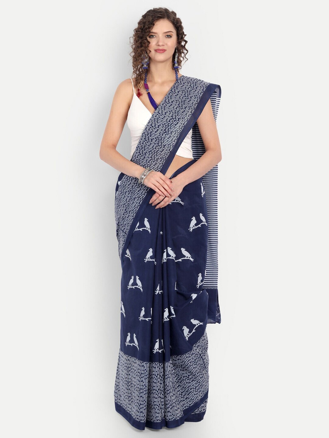 

JAIPURI BLOCK PRINT Kalamkari Block Printed Saree, Blue