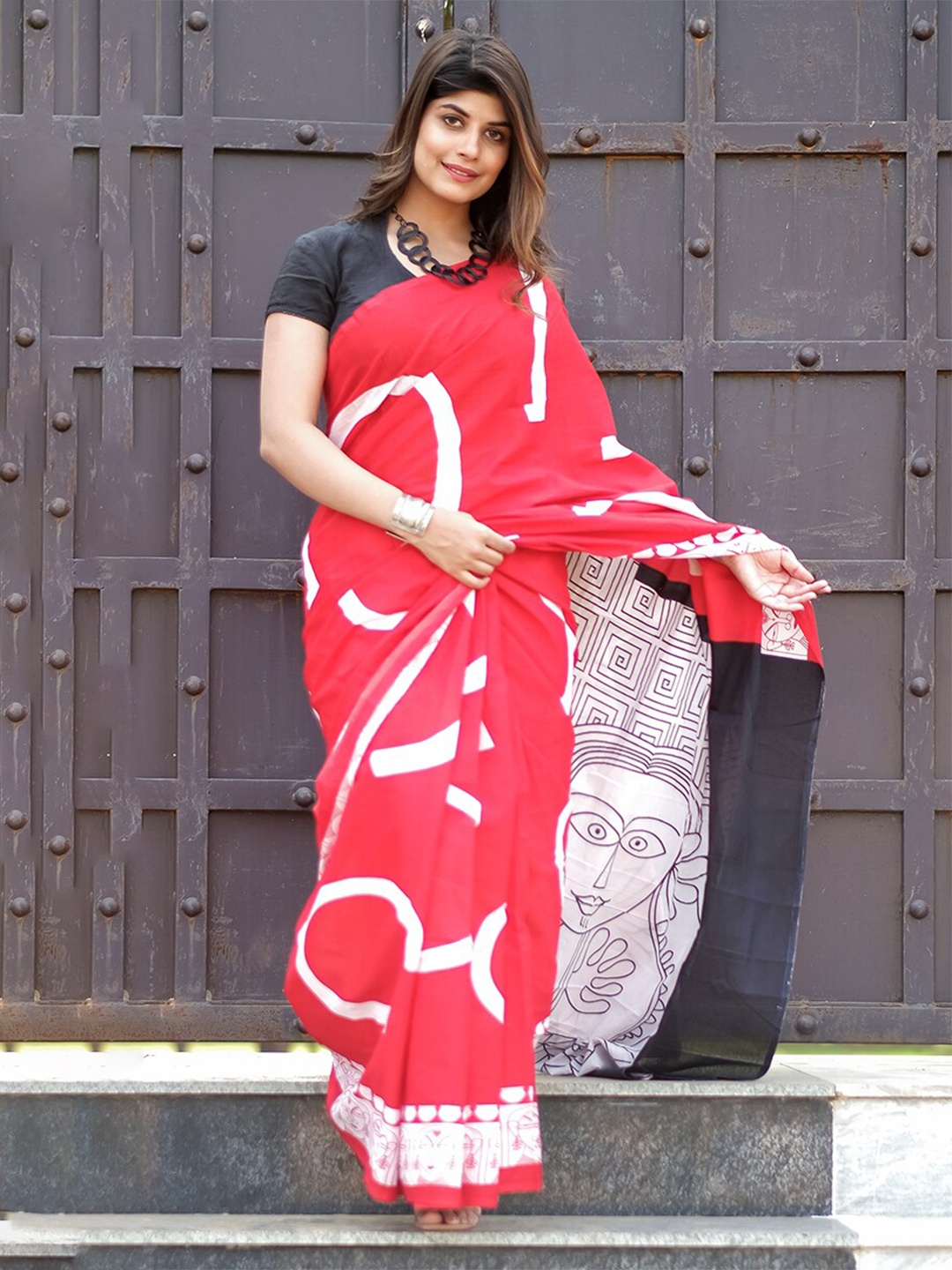 

JAIPURI BLOCK PRINT Pure Cotton Block Print Saree, Red