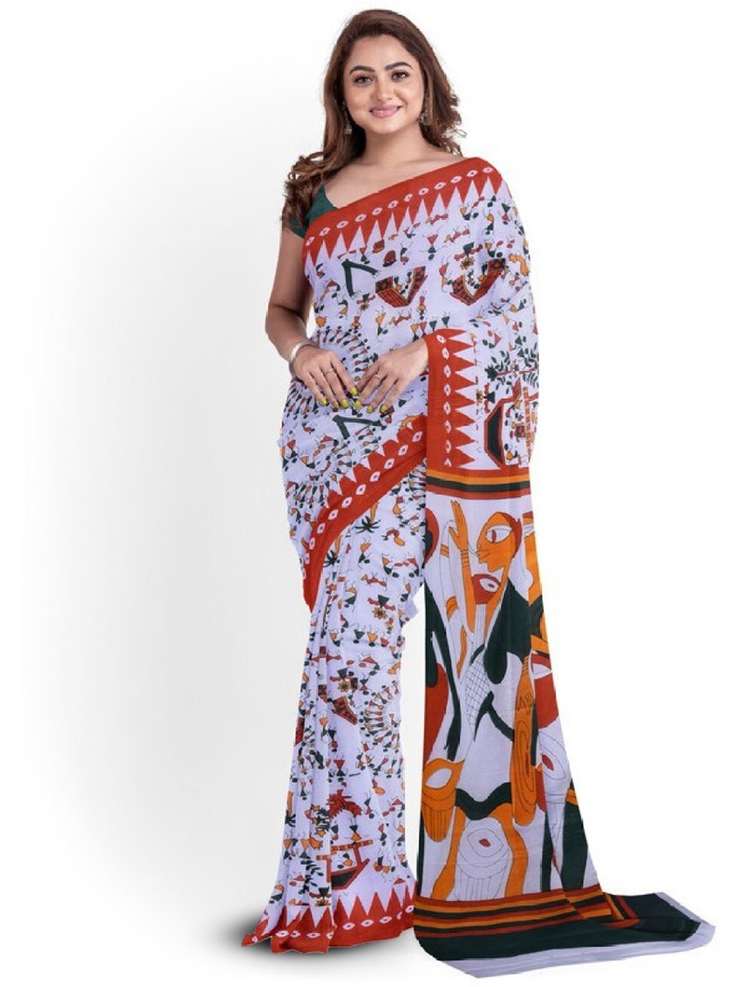 

JAIPURI BLOCK PRINT Warli Pure Cotton Block Printed Saree, Orange