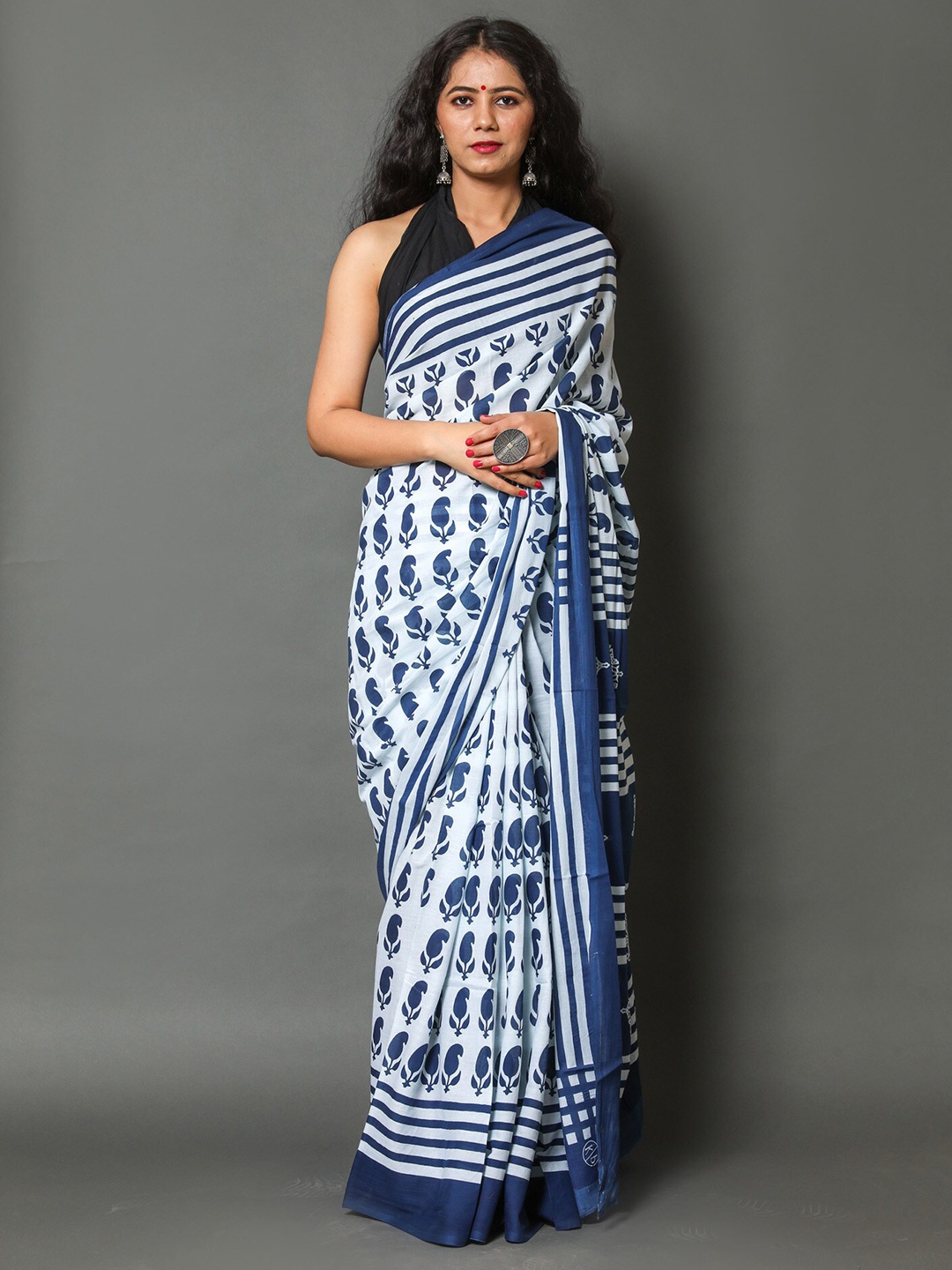 

JAIPURI BLOCK PRINT Ethnic Motifs Pure Cotton Block Print Saree, Blue