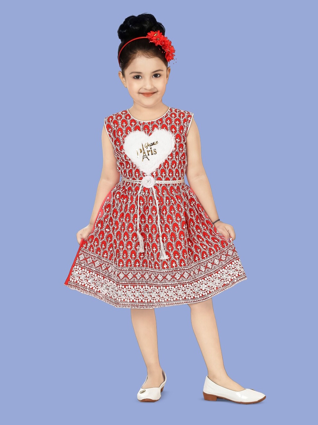 

BAESD Girls Ethnic Motifs Embroidered Sleeveless Fit & Flare Dress, Red