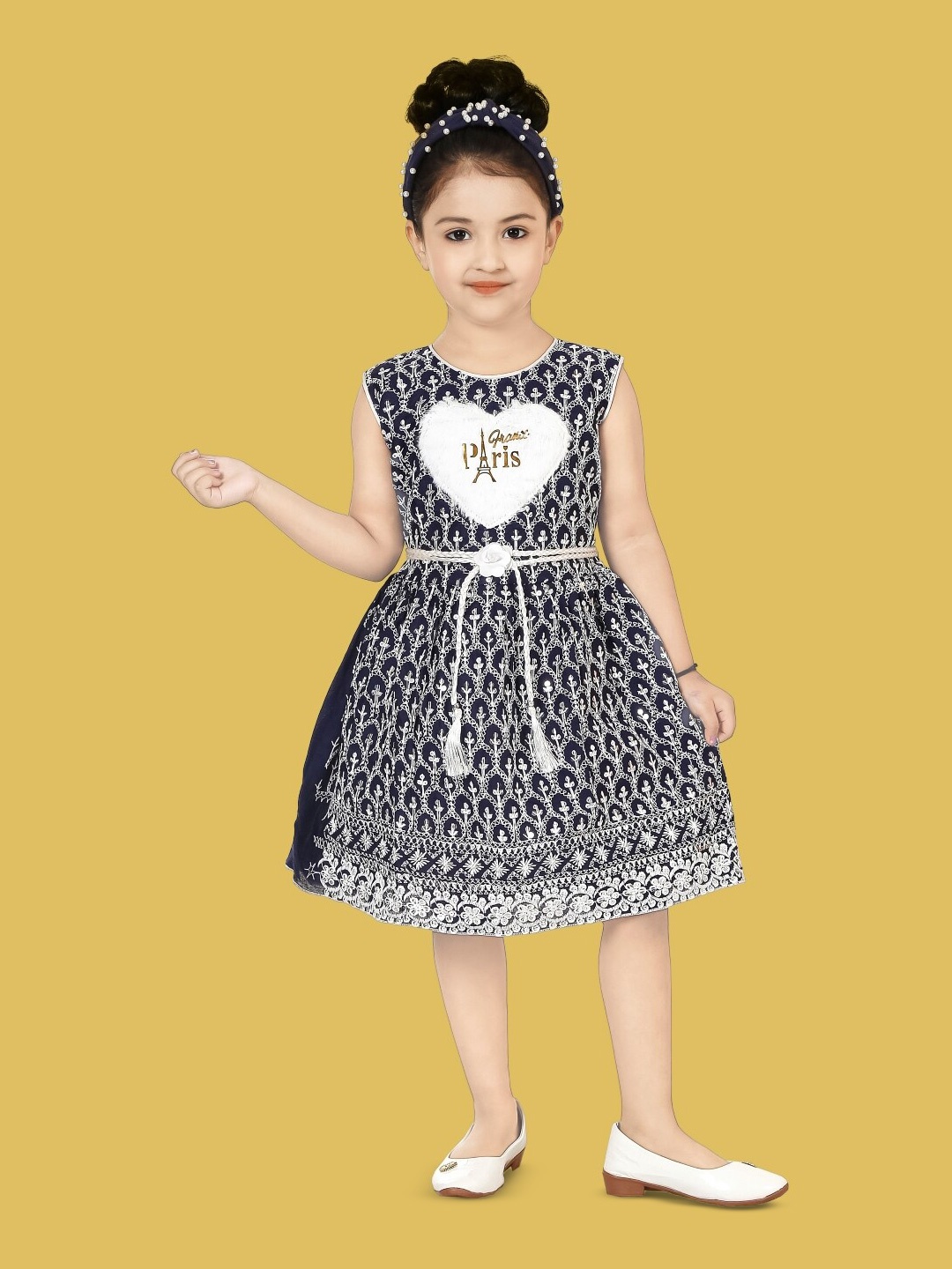 

BAESD Girls Ethnic Motifs Embroidered Sleeveless Fit & Flare Dress, Navy blue
