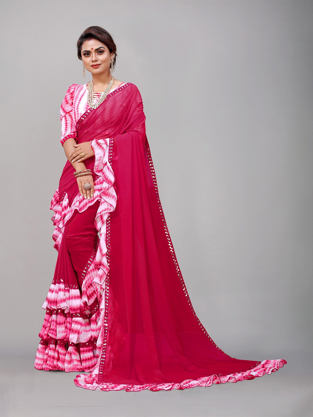 

Reeta Fashion Striped Sequinned Ruffles Pure Georgette Saree, Pink