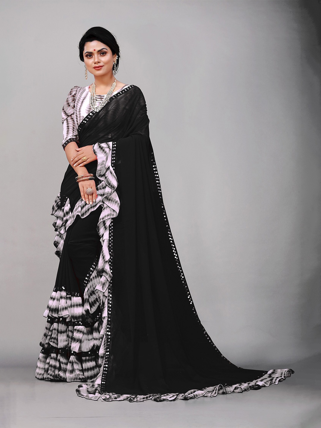 

Reeta Fashion Striped Sequinned Ruffles Pure Georgette Saree, Black