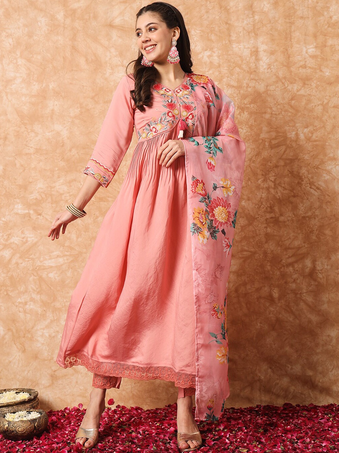 

KALINI Floral Embroidered Empire A-Line Kurta With Trousers & Dupatta, Peach