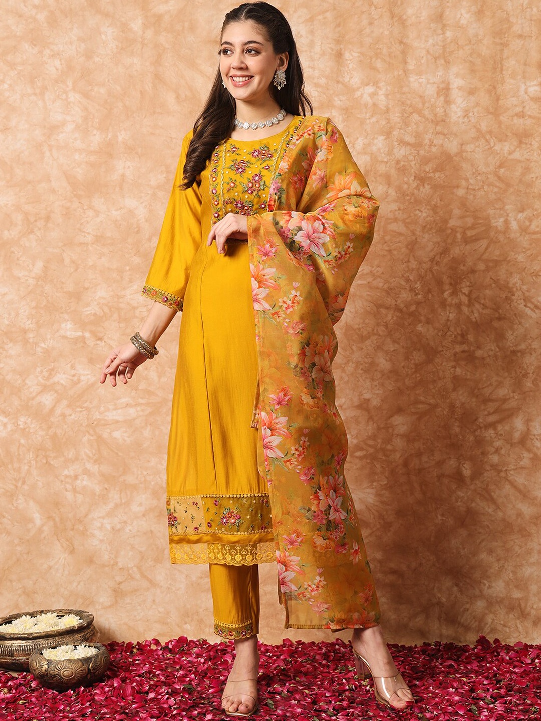 

KALINI Floral Yoke Design Thread Work Straight Kurta With Trouser & Dupatta, Peach