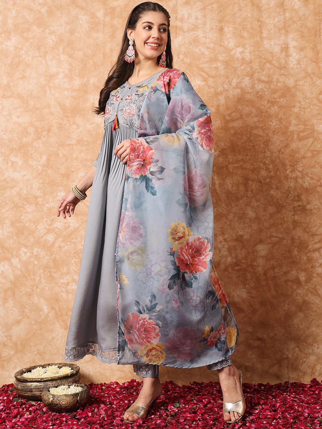 

KALINI Floral Embroidered Kurta With Trousers & Dupatta, Grey
