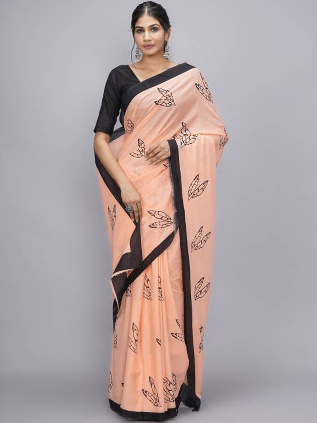 

JAIPURI BLOCK PRINT Floral Printed Pure Cotton Saree, Peach