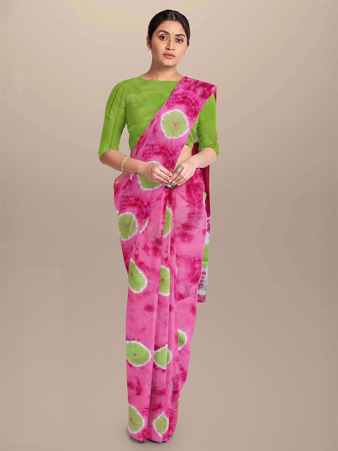 

JAIPURI BLOCK PRINT Tie and Dye Pure Cotton Bagru Saree, Pink