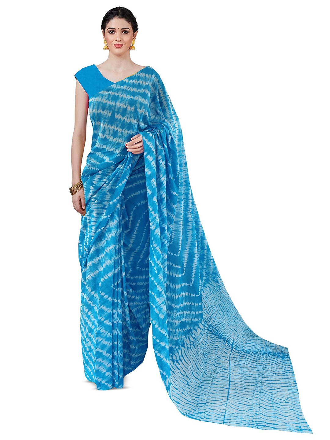 

JAIPURI BLOCK PRINT Leheriya Dyed Pure Cotton Block Print Saree, Turquoise blue