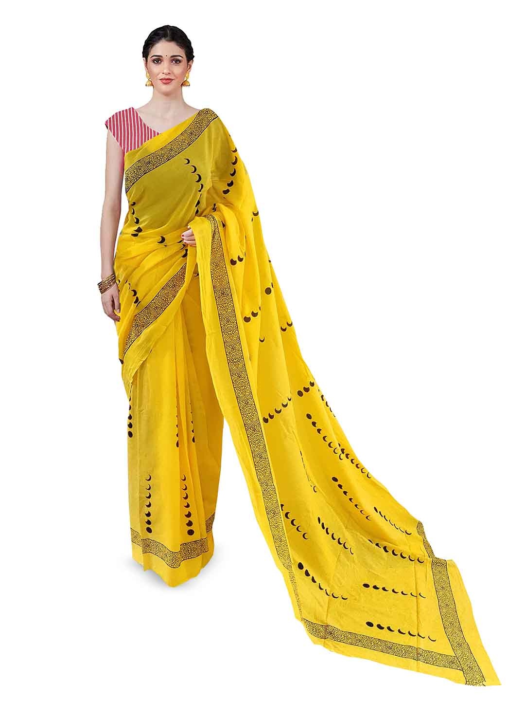 

JAIPURI BLOCK PRINT Geometric Printed Pure Cotton Bagru Saree, Yellow