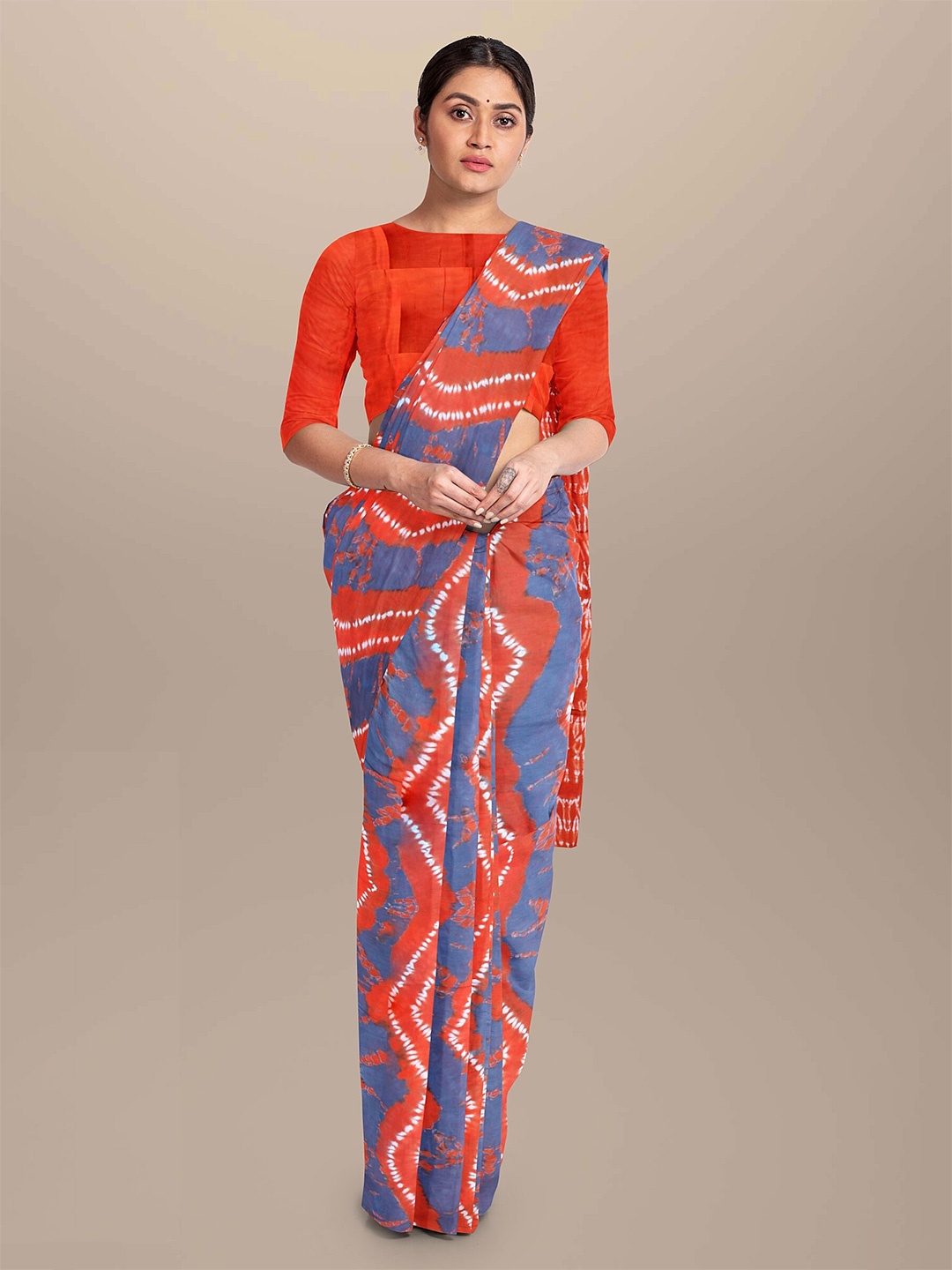 

JAIPURI BLOCK PRINT Tie and Dye Pure Cotton Bagru Saree, Red