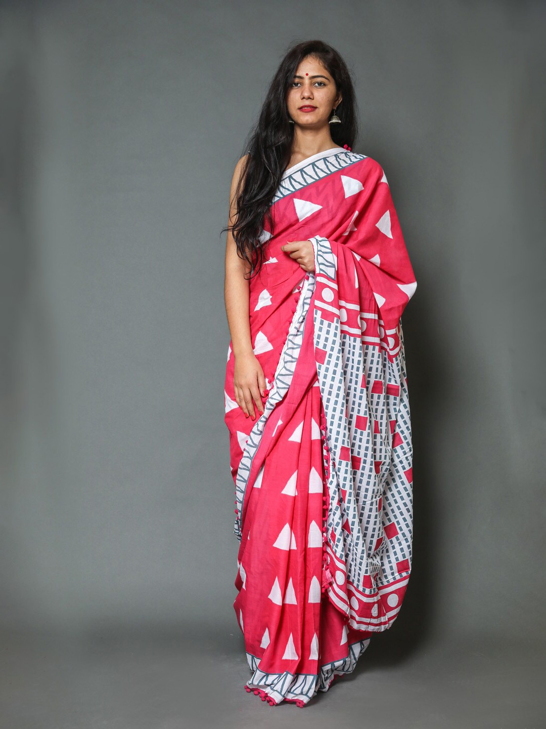 

JAIPURI BLOCK PRINT Pure Cotton Bagru Saree, Red