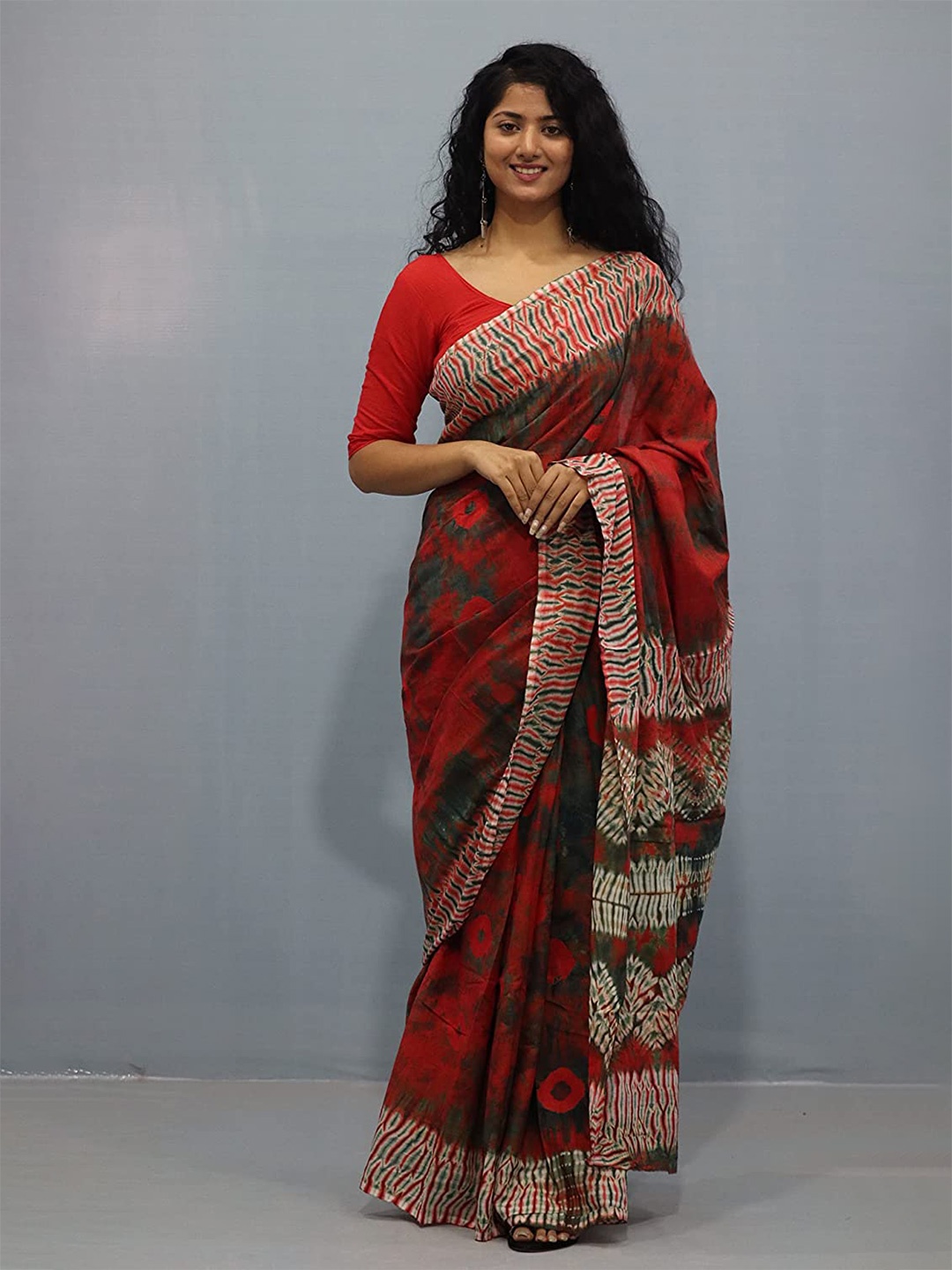 

JAIPURI BLOCK PRINT Tie and Dye Pure Cotton Block Print Saree, Red